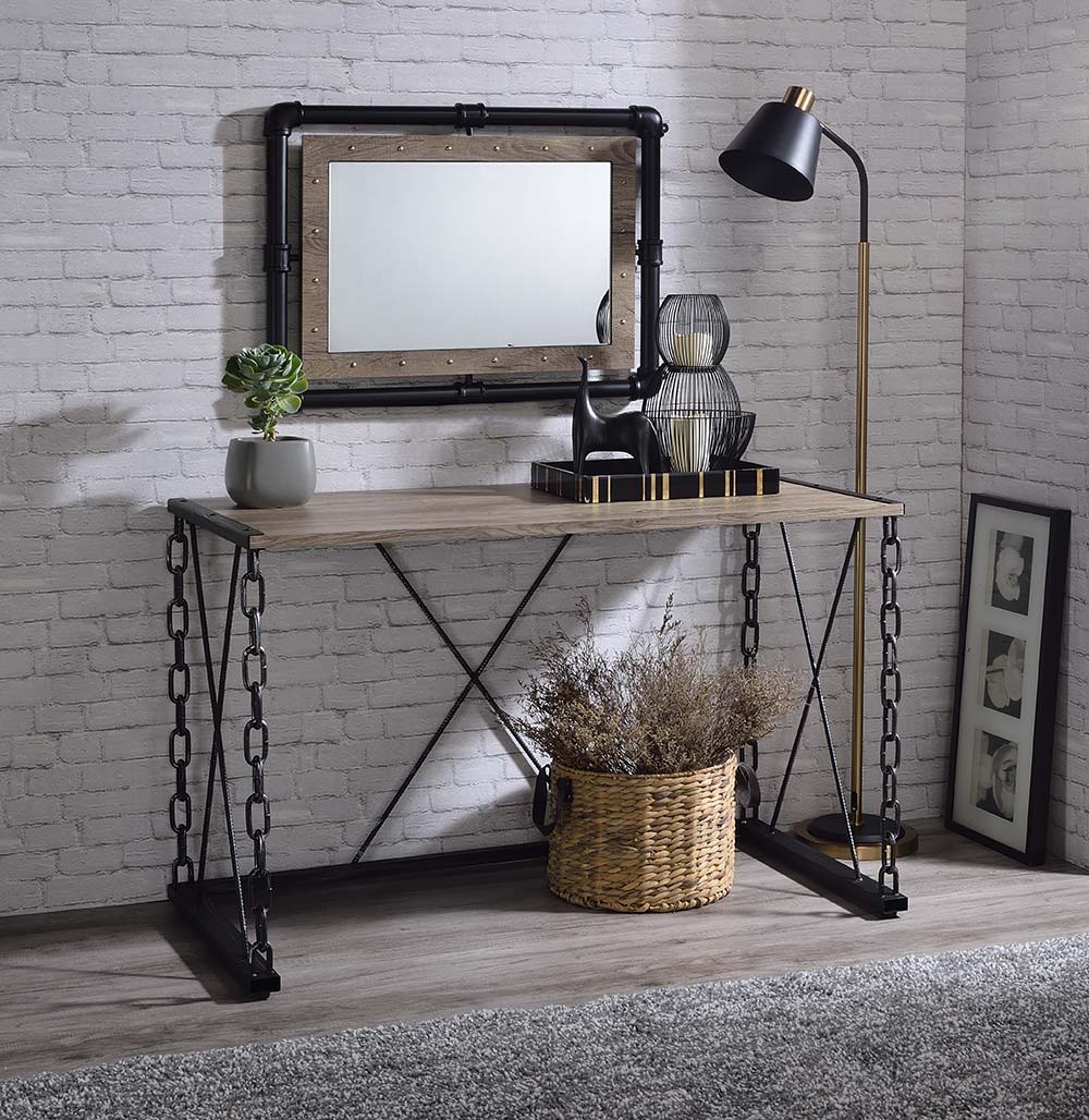 Complete your office with the stylish Jodie desk, features antique rustic oak finish with antique black industrial metal chain frame. This piece offers a new take on your average workspace. A unique and appealing look will add an instant contemporary feel