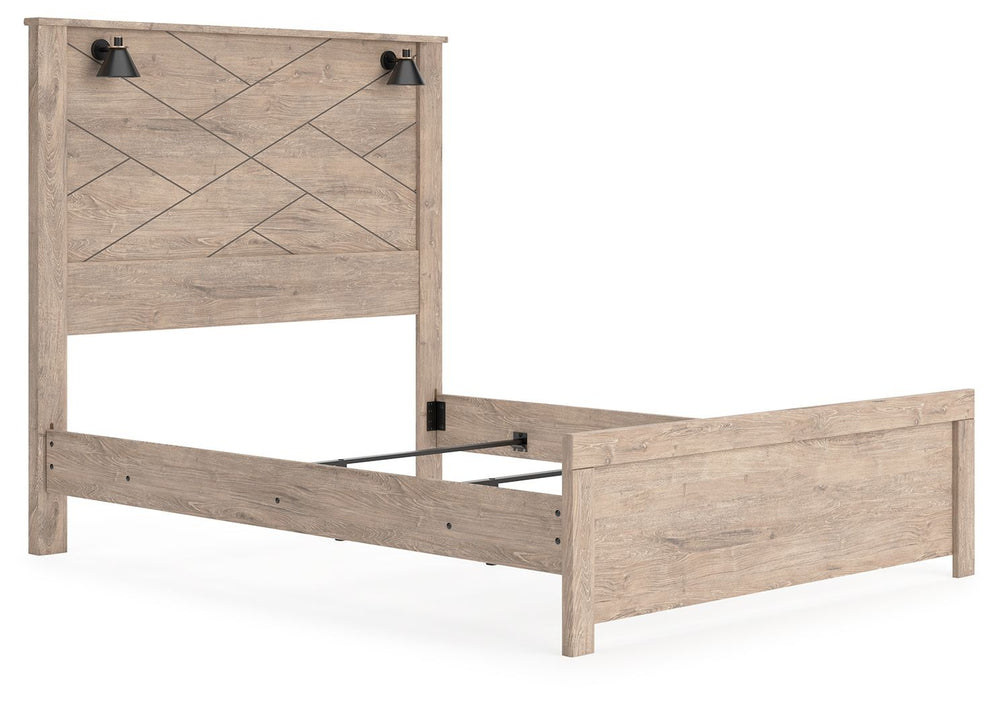 Cool, clean and casually modern. This queen panel bedâ€™s light natural finish sets the tone for your calming sanctuary. Matte black sconce lights and an abstract design on the headboard bring a fresh look to the bedâ€™s simply stunning profile. <h4><b>Se