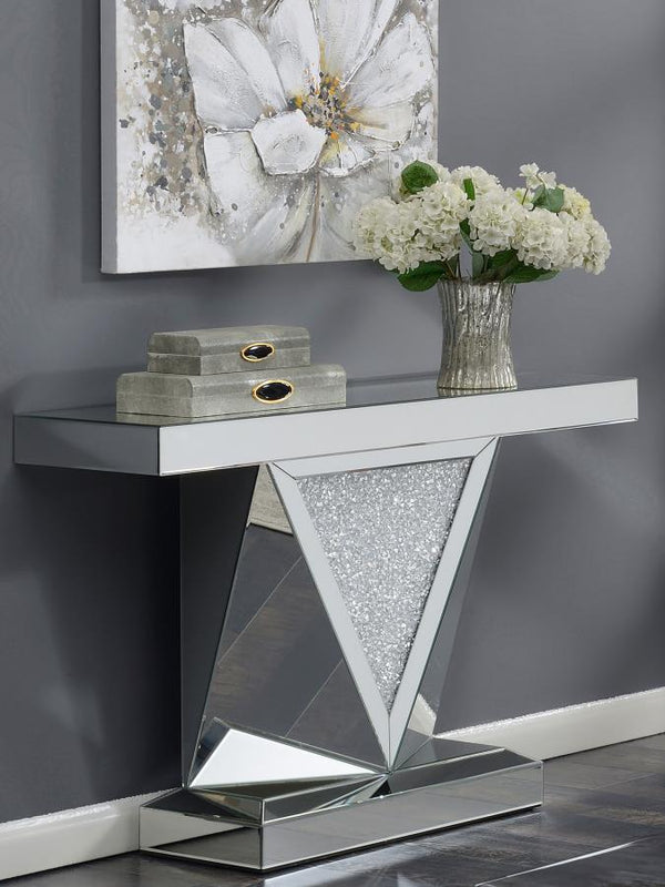 geometric base. The triangular inlay is adorned with acrylic crystals