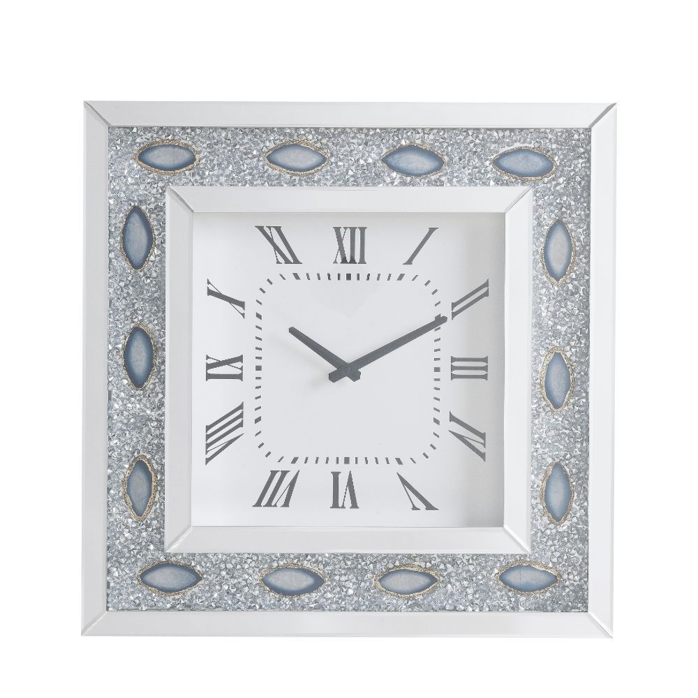 Square Clock (Wall) Beveled Mirrored, Clear Glass & Faux Agate with Faux Diamonds Inlay Clock Mechanism: Quartz, Battery Required: 1A Not Included Chime Sound: Not Included (Low Ticking) Dial Numeral Type: Roman<br/><br/><b>Product Features</b><ul><li>Wal