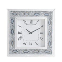 Square Clock (Wall) Beveled Mirrored, Clear Glass & Faux Agate with Faux Diamonds Inlay Clock Mechanism: Quartz, Battery Required: 1A Not Included Chime Sound: Not Included (Low Ticking) Dial Numeral Type: Roman<br/><br/><b>Product Features</b><ul><li>Wal