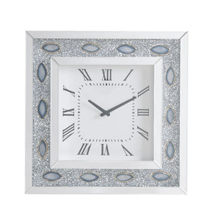 Square Clock (Wall) Beveled Mirrored, Clear Glass & Faux Agate with Faux Diamonds Inlay Clock Mechanism: Quartz, Battery Required: 1A Not Included Chime Sound: Not Included (Low Ticking) Dial Numeral Type: Roman<br/><br/><b>Product Features</b><ul><li>Wal
