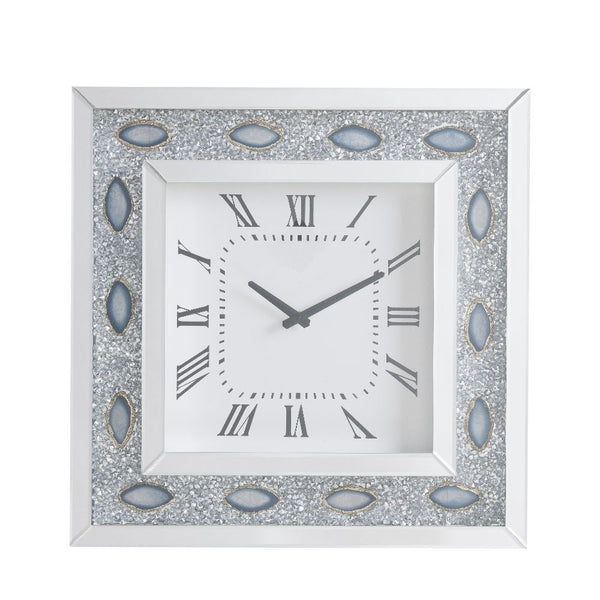 Square Clock (Wall) Beveled Mirrored, Clear Glass & Faux Agate with Faux Diamonds Inlay Clock Mechanism: Quartz, Battery Required: 1A Not Included Chime Sound: Not Included (Low Ticking) Dial Numeral Type: Roman<br/><br/><b>Product Features</b><ul><li>Wal