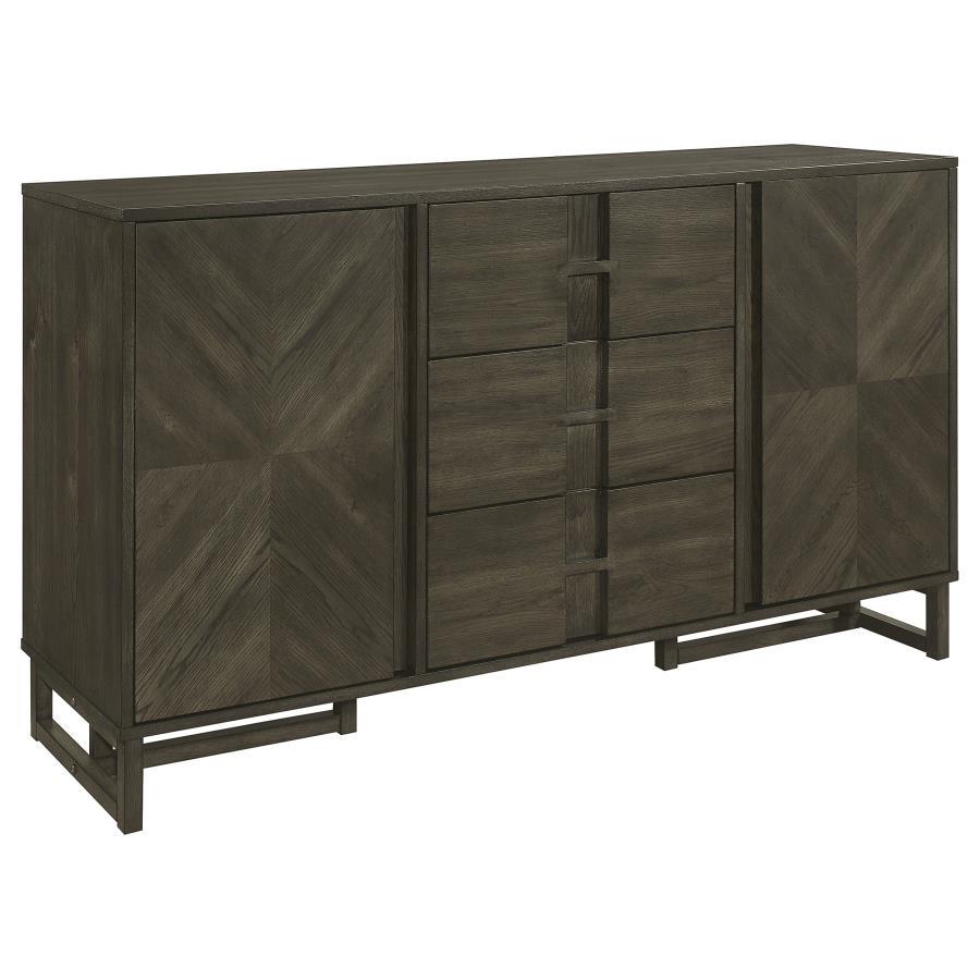 Transform your dining space with our stylish server, designed to enhance both functionality and style. This server features two door cabinets, three drawers, and two shelves, providing ample storage for your dining essentials. The sleek dark grey finish e