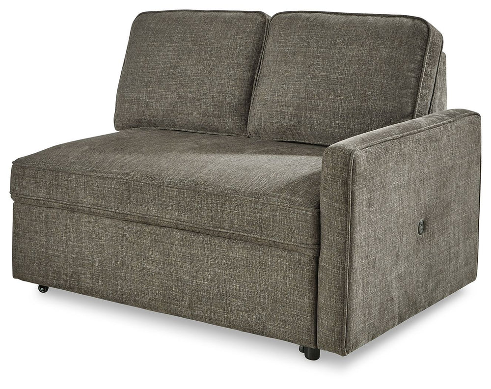 This right-arm facing pop up bed is made with polyester upholstery. Pairs with other items in the series to make a sectional.<br><br><b>Additional Dimensions</b><br><ul><li>Seat width: 50-"</li><li>Seat depth: 25-"</li><li>Seat height: 19.5-"</li><li>Arm 
