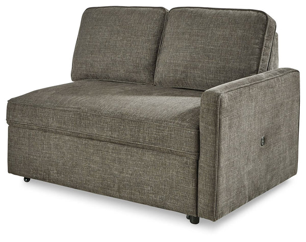 This right-arm facing pop up bed is made with polyester upholstery. Pairs with other items in the series to make a sectional.<br><br><b>Additional Dimensions</b><br><ul><li>Seat width: 50-"</li><li>Seat depth: 25-"</li><li>Seat height: 19.5-"</li><li>Arm 