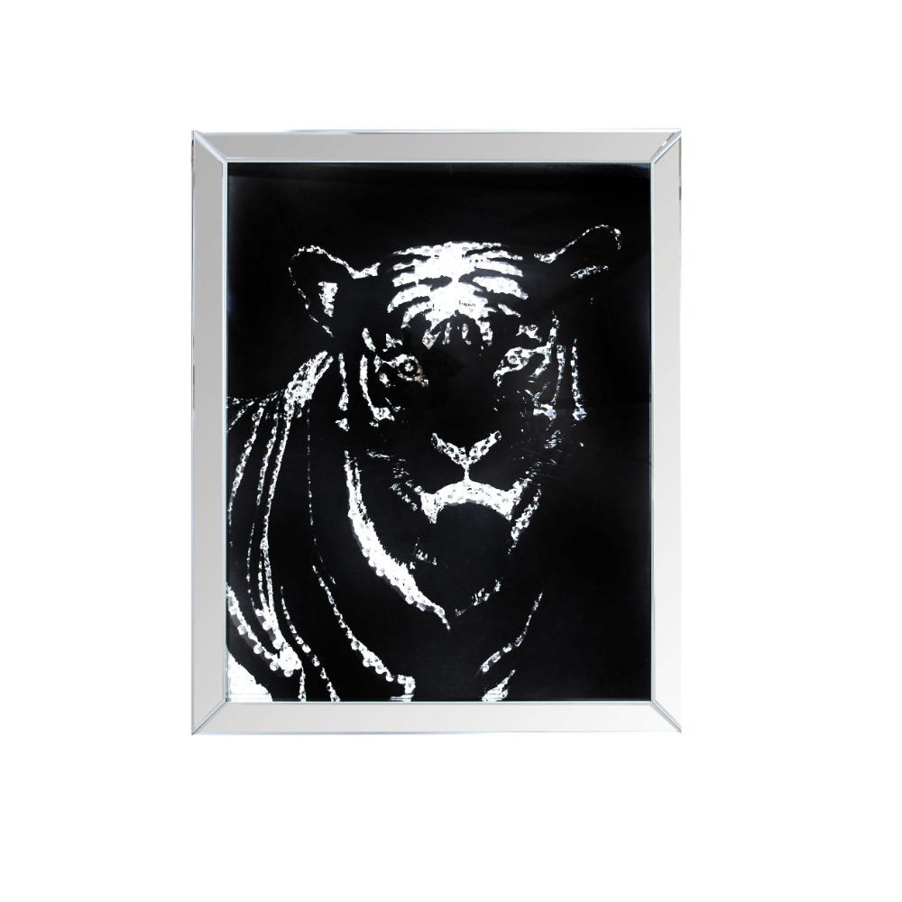 The Nevina crystal wall mirror is sure to be the focal point of any room. Dramatically cast with a tiger shaped mirror that is the perfect contrast against a black background. Faceted optic glass crystals adorn the skill layering it with added luxe and br