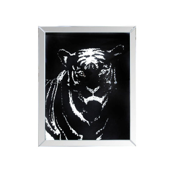 The Nevina crystal wall mirror is sure to be the focal point of any room. Dramatically cast with a tiger shaped mirror that is the perfect contrast against a black background. Faceted optic glass crystals adorn the skill layering it with added luxe and br