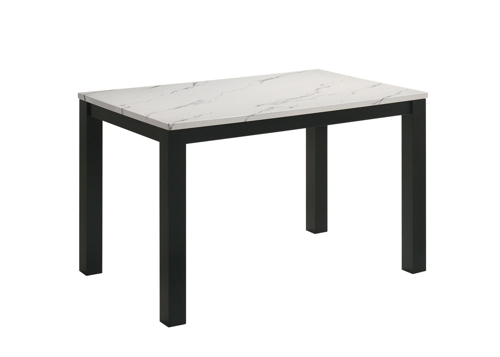 This dining group radiates modern elegance with a sleek, minimalist design that-'s both stylish and practical. The centerpiece is a contemporary table featuring a sophisticated faux-marble top that elevates the aesthetic while providing a durable and easy