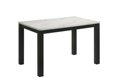 This dining group radiates modern elegance with a sleek, minimalist design that-'s both stylish and practical. The centerpiece is a contemporary table featuring a sophisticated faux-marble top that elevates the aesthetic while providing a durable and easy