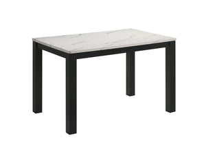  minimalist design that-'s both stylish and practical. The centerpiece is a contemporary table featuring a sophisticated faux-marble top that elevates the aesthetic while providing a durable and easy