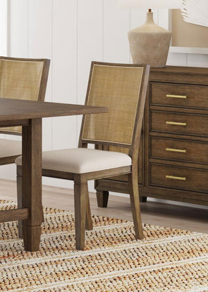  the chair features a plush foam seat with beige upholstery. Its back is rattan