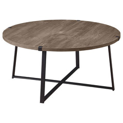Augment an inviting living space with the stylish look of a modern round coffee table. The table pairs a light brown engineered wood top with a realistic wood grain texture, creating a sense of warmth. The sturdy metal base features a black powder-coated 