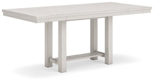 This counter height dining table is sure to impress come mealtime. With its antiqued white finish and a planked effect tabletop that extends for additional seating, farmhouse-style dining has never been so fashionable. All thatâ€™s missing is you and your