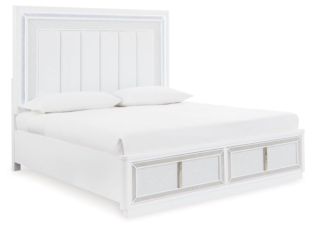 Transform your bedroom with this upholstered storage bed. With LED lighting, rhinestone framing and faux leather panels, this bed exudes modern glamour. And the convenient storage footboard offers a practical solution for organizing and accessing belongin