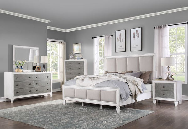 Katia - Queen Bed - Gray Linen & White Finish