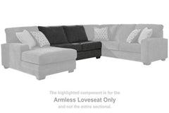 This armless loveseat is made with polyester upholstery. Pairs with other items in the series to make a sectional.<br><br><b>Additional Dimensions</b><br><ul><li>Seat depth: 23-"</li><li>Seat height: 21-"</li><li>Leg height: 3-"</li><li>Top of cushion to 
