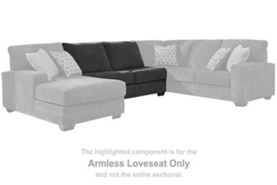 This armless loveseat is made with polyester upholstery. Pairs with other items in the series to make a sectional.<br><br><b>Additional Dimensions</b><br><ul><li>Seat depth: 23-"</li><li>Seat height: 21-"</li><li>Leg height: 3-"</li><li>Top of cushion to 