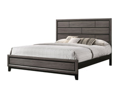 This contemporary bedroom set presents a crisp, clean look with its gray finish and contrasting dark accents. The simple, straight lines and subtle details give it a modern edge. The bed features a paneled headboard that makes a statement without overwhel