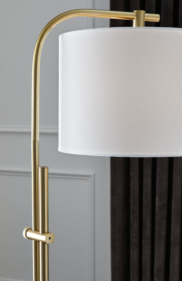  and is adjustable to provide targeted illumination. Topped off with a crisp white drum shade