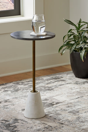  the round tabletop is supported by a sturdy goldtone pedestal on a white marble base. With a sleek