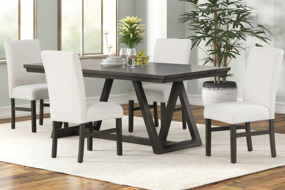 The High Line 5 Piece Dining Set is designed to be the centerpiece of your dining experience. Including one trestle dining table and four gray upholstered side chairs, this set is built to last, expertly crafted from solid Acacia and Rubberwood, enhanced 
