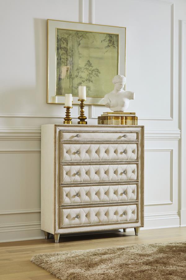 This five-drawer chest is ornately designed with French Provincial decor in mind. The perfect blend of traditional and modern, this upholstered chest comes in a gorgeous ivory and camel color. Button tufting makes this chest a masterpiece with its crystal