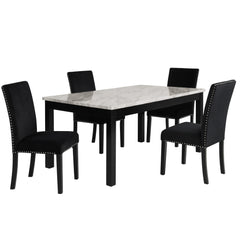 The Celeste 5-Piece Dining Set is a picture of modern luxury and enduring craftsmanship. This set includes a striking 64-inch dining table with an espresso base and a faux marble top, accompanied by four exquisite black velvet chairs. Crafted from solid R