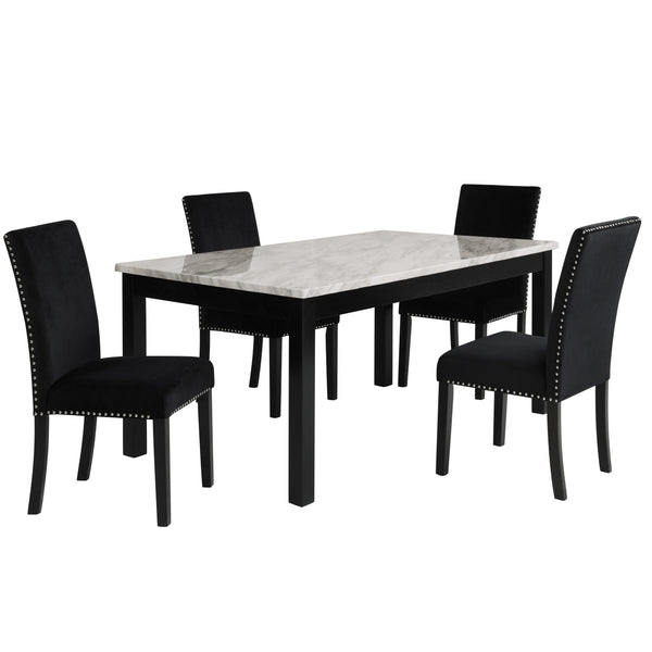 The Celeste 5-Piece Dining Set is a picture of modern luxury and enduring craftsmanship. This set includes a striking 64-inch dining table with an espresso base and a faux marble top, accompanied by four exquisite black velvet chairs. Crafted from solid R