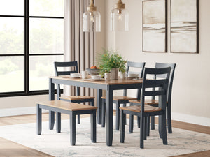  chairs and bench. A dark blue hue offers a chic contrast to the natural wood tone