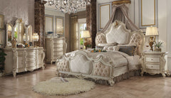 The Picardy bedroom collection brings the influence of European antiques to life with traditional carvings, detailed looping, and a gorgeous antique pearl finish. The hand applied finish enhances the beauty of the detailed wood work and carvings. The bed 