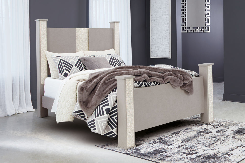 Love sleek and bold contemporary style? Drink in the beauty of this queen poster bed. The piece-'s eye-catching details include a leather grain look, glam glitter accents and remote-controlled LED lighting. Combined with the streamlined aesthetic, it-'s a