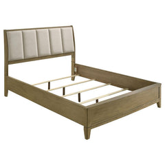 Elevate your bedroom with this bed that seamlessly blends transitional style with modern flair. The bed features a vertical channeled upholstered headboard in beige textured fabric, adding a touch of elegance and comfort. Its natural pine finish brings wa