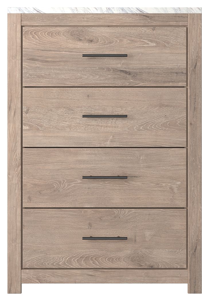 Cool, clean and casually modern. This chestâ€™s light natural finish and faux Calcutta marble top set the tone for your calming sanctuary. Large linear pulls add dimension and authenticity. Four smooth-gliding drawers neatly accommodate your wardrobe need
