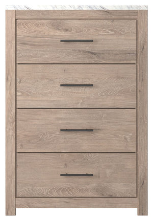  clean and casually modern. This chestâ€™s light natural finish and faux Calcutta marble top set the tone for your calming sanctuary. Large linear pulls add dimension and authenticity. Four smooth-gliding drawers neatly accommodate your wardrobe need