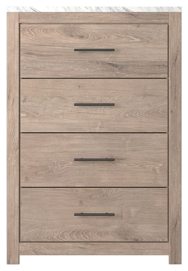  clean and casually modern. This chestâ€™s light natural finish and faux Calcutta marble top set the tone for your calming sanctuary. Large linear pulls add dimension and authenticity. Four smooth-gliding drawers neatly accommodate your wardrobe need