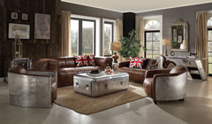 The Brancaster incredible design features curved lines, combining with aluminum and leather together to bring you a vintage sensation in the living room. Characterized by shelter arms and retro brown top grain leather, wrapped with aluminum panel for most