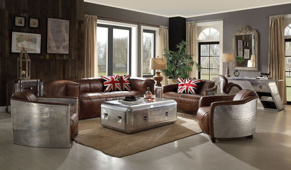 The Brancaster incredible design features curved lines, combining with aluminum and leather together to bring you a vintage sensation in the living room. Characterized by shelter arms and retro brown top grain leather, wrapped with aluminum panel for most