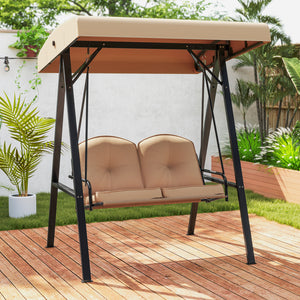 Adjustable canopy offers protection against sunlight<br>Wide sitting area is perfect for 2 people to relax together<br>Soft and elastic cushions offer much comfort<br>Tufted design of back cushions for more elegance<br>Solid A-shaped metal frame for high 