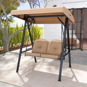Adjustable canopy offers protection against sunlight<br>Wide sitting area is perfect for 2 people to relax together<br>Soft and elastic cushions offer much comfort<br>Tufted design of back cushions for more elegance<br>Solid A-shaped metal frame for high 