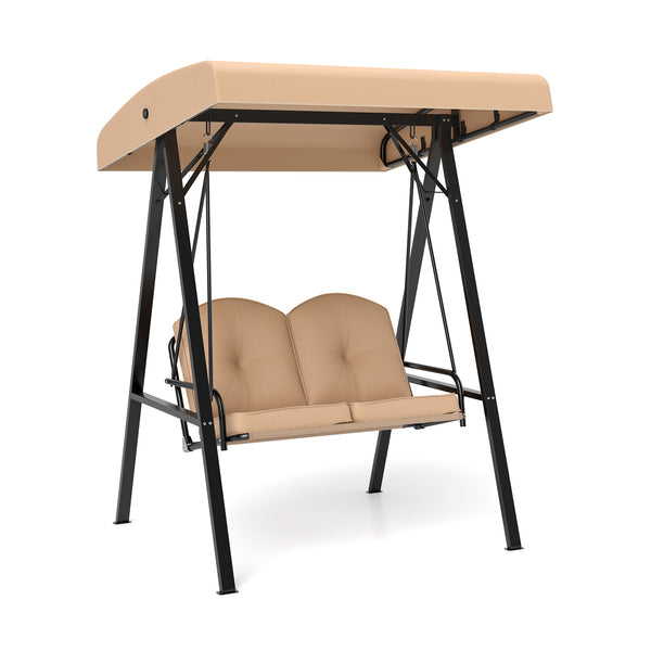 Adjustable canopy offers protection against sunlight<br>Wide sitting area is perfect for 2 people to relax together<br>Soft and elastic cushions offer much comfort<br>Tufted design of back cushions for more elegance<br>Solid A-shaped metal frame for high 