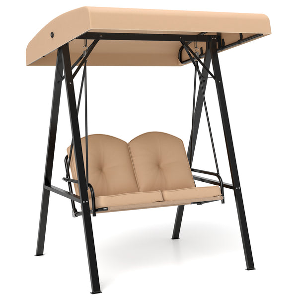 Adjustable canopy offers protection against sunlight<br>Wide sitting area is perfect for 2 people to relax together<br>Soft and elastic cushions offer much comfort<br>Tufted design of back cushions for more elegance<br>Solid A-shaped metal frame for high 
