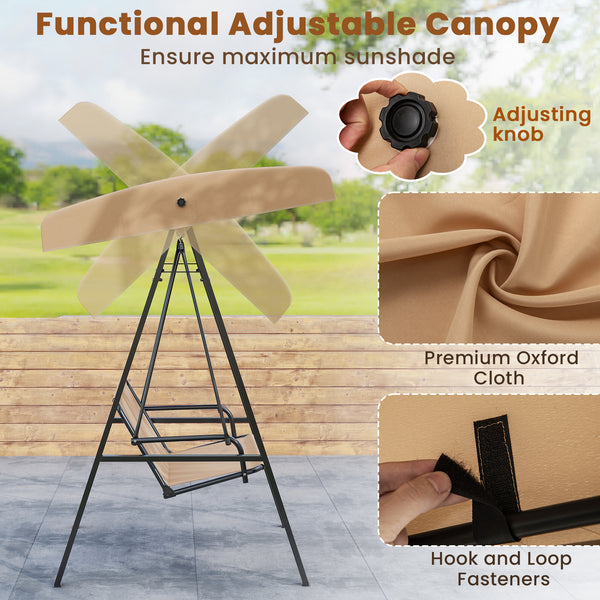 Adjustable canopy offers protection against sunlight<br>Wide sitting area is perfect for 2 people to relax together<br>Soft and elastic cushions offer much comfort<br>Tufted design of back cushions for more elegance<br>Solid A-shaped metal frame for high 