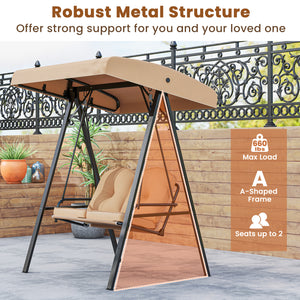 Adjustable canopy offers protection against sunlight<br>Wide sitting area is perfect for 2 people to relax together<br>Soft and elastic cushions offer much comfort<br>Tufted design of back cushions for more elegance<br>Solid A-shaped metal frame for high 