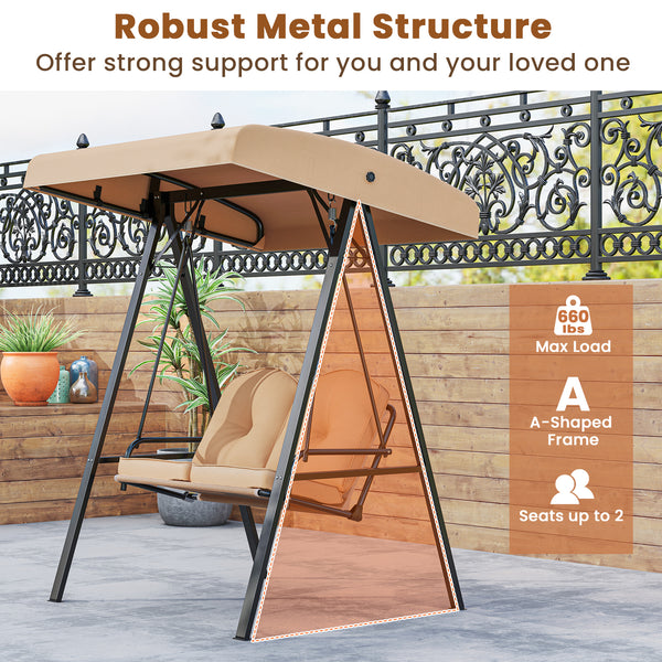 Adjustable canopy offers protection against sunlight<br>Wide sitting area is perfect for 2 people to relax together<br>Soft and elastic cushions offer much comfort<br>Tufted design of back cushions for more elegance<br>Solid A-shaped metal frame for high 