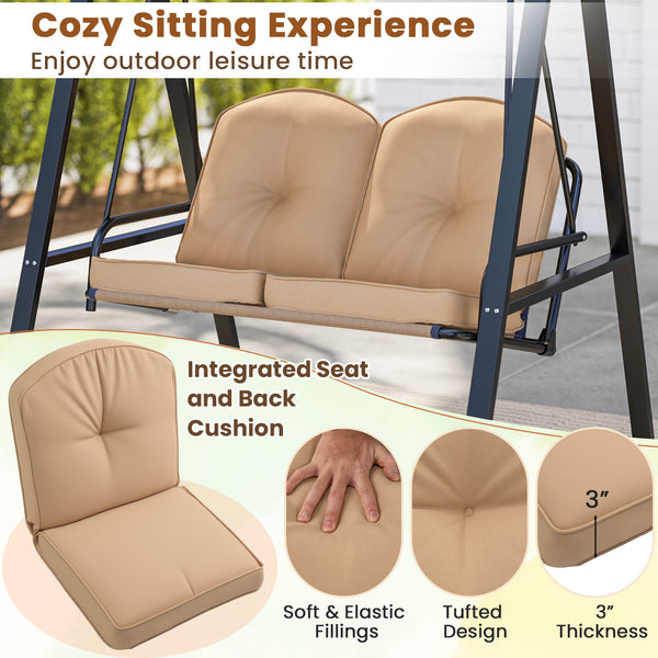 Adjustable canopy offers protection against sunlight<br>Wide sitting area is perfect for 2 people to relax together<br>Soft and elastic cushions offer much comfort<br>Tufted design of back cushions for more elegance<br>Solid A-shaped metal frame for high 
