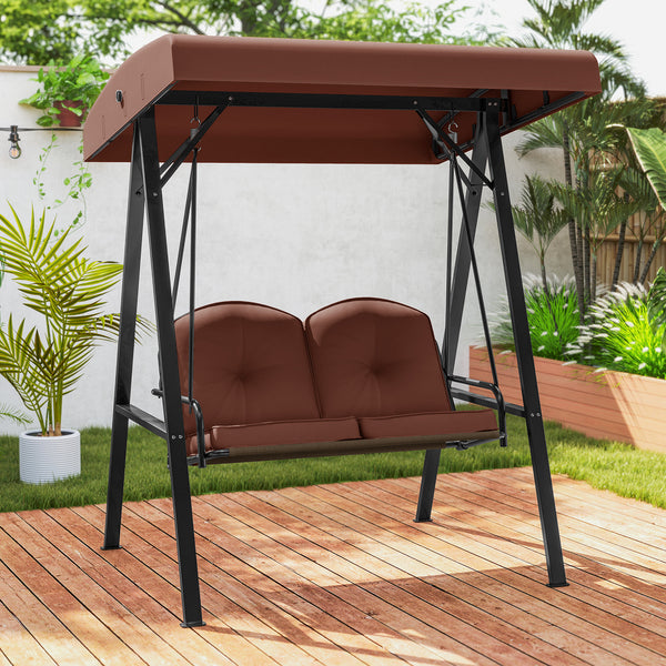 Adjustable canopy offers protection against sunlight<br>Wide sitting area is perfect for 2 people to relax together<br>Soft and elastic cushions offer much comfort<br>Tufted design of back cushions for more elegance<br>Solid A-shaped metal frame for high 