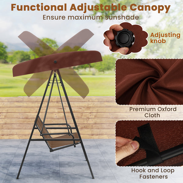 Adjustable canopy offers protection against sunlight<br>Wide sitting area is perfect for 2 people to relax together<br>Soft and elastic cushions offer much comfort<br>Tufted design of back cushions for more elegance<br>Solid A-shaped metal frame for high 