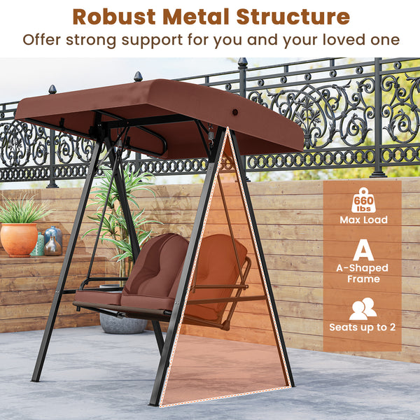 Adjustable canopy offers protection against sunlight<br>Wide sitting area is perfect for 2 people to relax together<br>Soft and elastic cushions offer much comfort<br>Tufted design of back cushions for more elegance<br>Solid A-shaped metal frame for high 