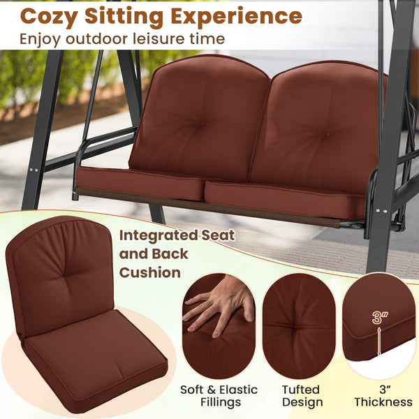 Adjustable canopy offers protection against sunlight<br>Wide sitting area is perfect for 2 people to relax together<br>Soft and elastic cushions offer much comfort<br>Tufted design of back cushions for more elegance<br>Solid A-shaped metal frame for high 